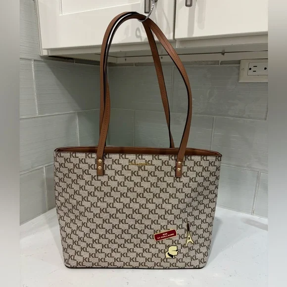 Karl Lagerfeld Paris Monogram Tote Bag Brown Logo Canvas Shoulder Bag w/ Charms - Picture 3 of 12